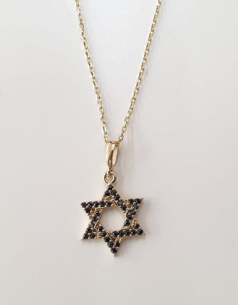 שרשרת כסף מגן דויד משובץ אבן שחורה 12 מ"מ ציפוי זהב